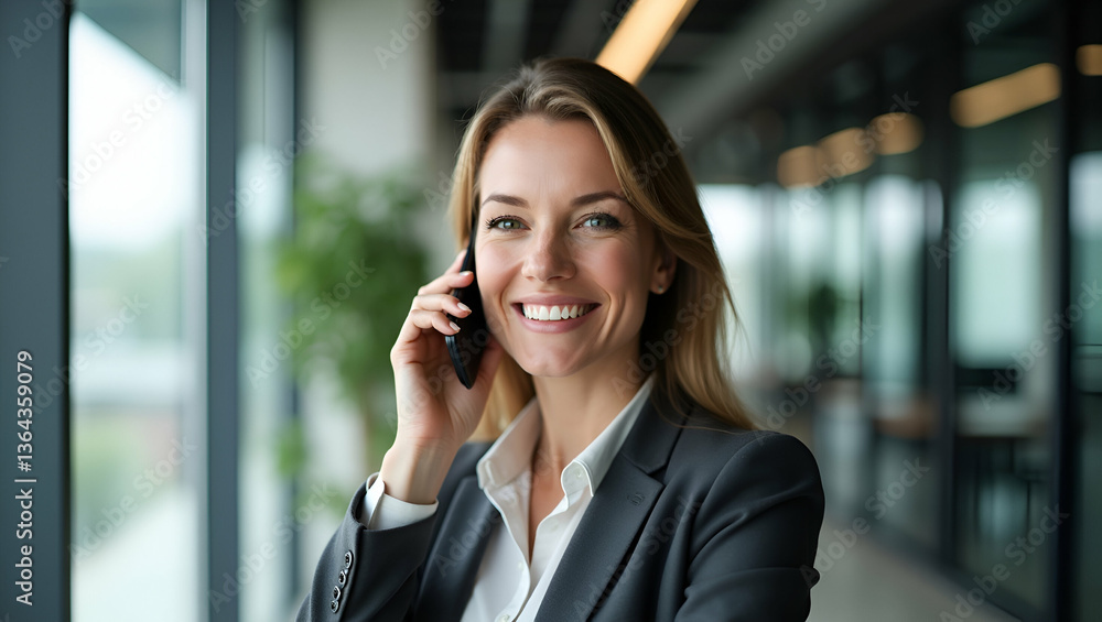 Cheerful 40-Year-Old Businesswoman: Flat Vector Illustration of a Smiling Executive Manager Making a Phone Call in the Office - Professional and Engaging Business Concept Cheerful 40-Year-Old Businesswoman: Flat Vector Illustration of a Smiling Executive Manager Making a Phone Call in the Office - Professional and Engaging Business Concept