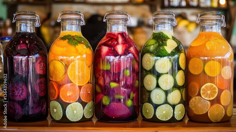 Five glass bottles filled with colorful fruit and vegetable infused water. Perfect for showcasing healthy beverages or creative drinks for summer. Five glass bottles filled with colorful fruit and vegetable infused water. Perfect for showcasing healthy beverages or creative drinks for summer.