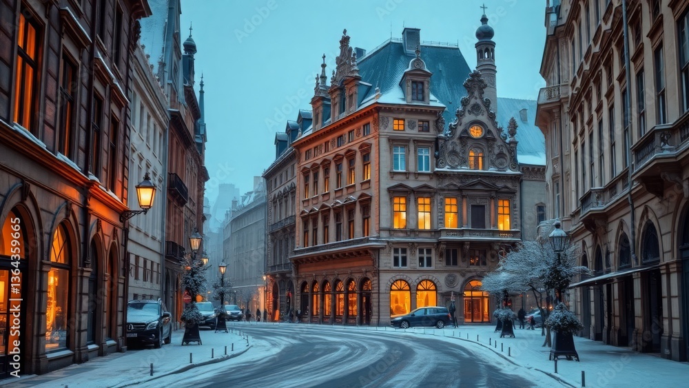 Naklejka premium Snow-Covered Old Town Architecture