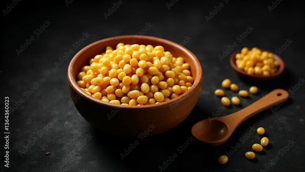 Yellow Beans in a Wooden Bowl with Spoon on Black Cement Floor: A Rustic and Simple Presentation Showcasing Natural Beauty - Perfect for Stock Photography with Empty Space for Text Yellow Beans in a Wooden Bowl with Spoon on Black Cement Floor: A Rustic and Simple Presentation Showcasing Natural Beauty - Perfect for Stock Photography with Empty Space for Text