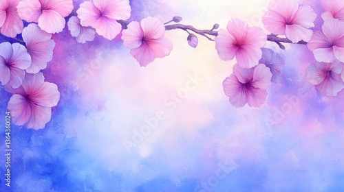 Elegant pink floral painting on a serene blue canvas background, modern art piece