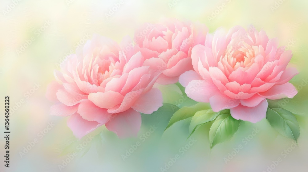 Fototapeta premium Exquisite closeup, two pink peonies in full bloom on a blurred background two