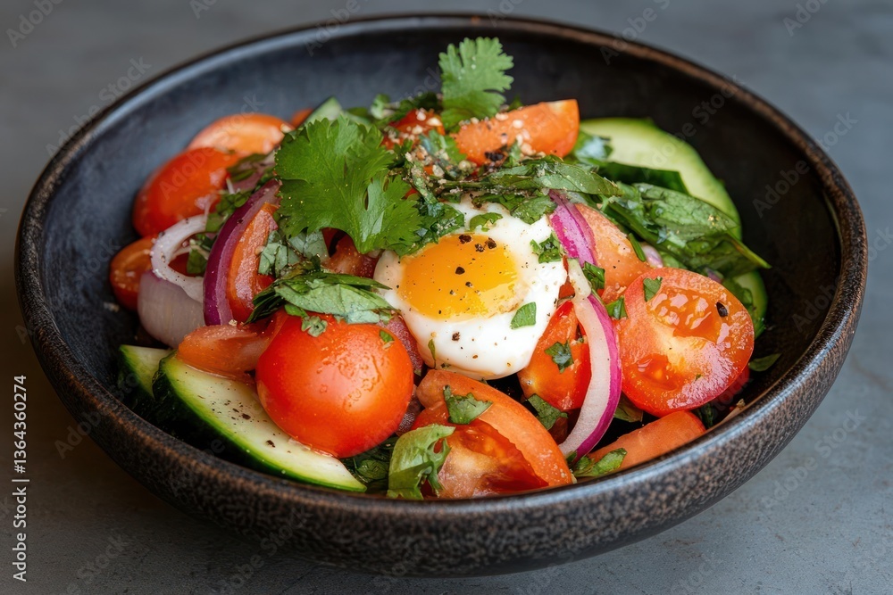 Fresh Salad With Poached Egg Tomatoes Cucumbers Red Onion And Herbs In Black Bowl Fresh Salad With Poached Egg Tomatoes Cucumbers Red Onion And Herbs In Black Bowl