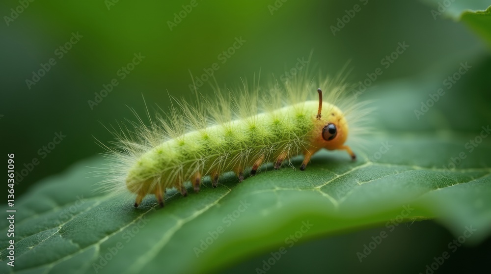 Close-up of a single hairy caterpillar on a broad leaf, soft green tones, detailed nature study aesthetic. Close-up of a single hairy caterpillar on a broad leaf, soft green tones, detailed nature study aesthetic.