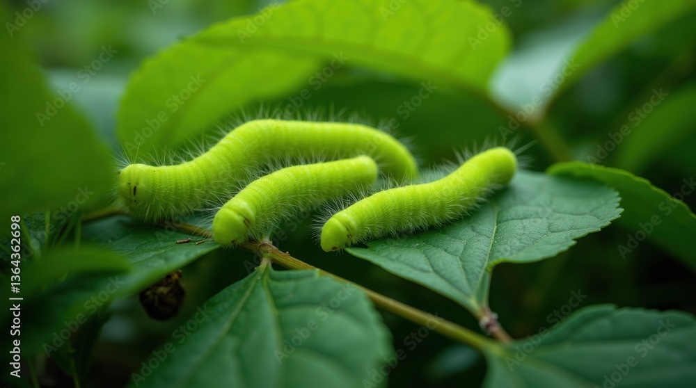 Obraz premium Bright green caterpillars crawling on lush leaves, vibrant forest floor background, natural wildlife concept
