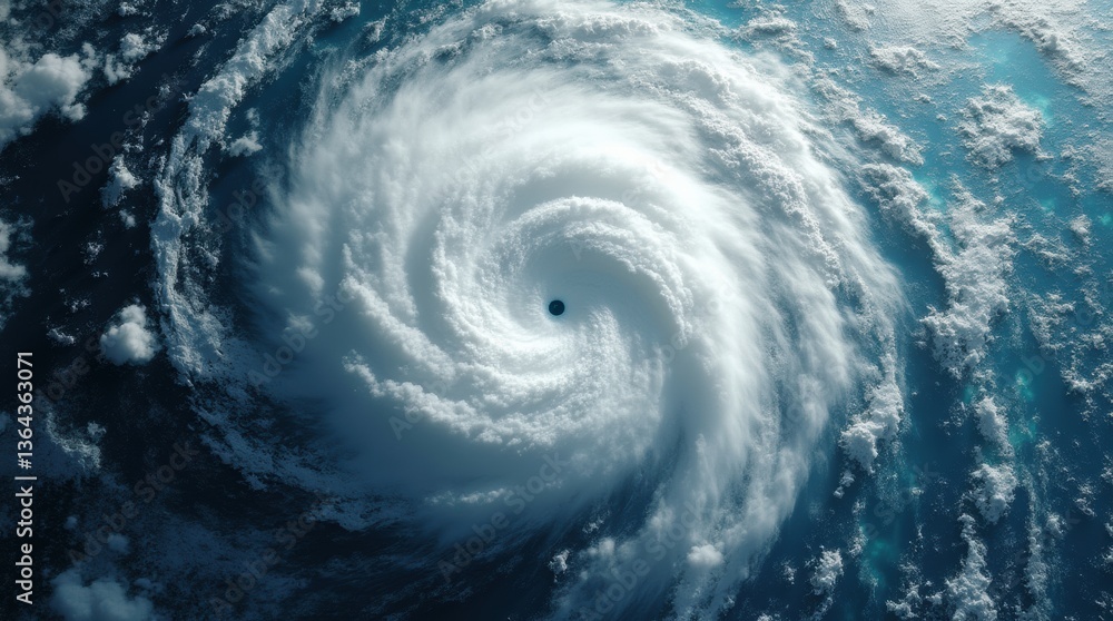 An ultra-detailed satellite perspective of a hurricane with dramatic cloud formations and a clear eye, spiraling over the vast ocean An ultra-detailed satellite perspective of a hurricane with dramatic cloud formations and a clear eye, spiraling over the vast ocean