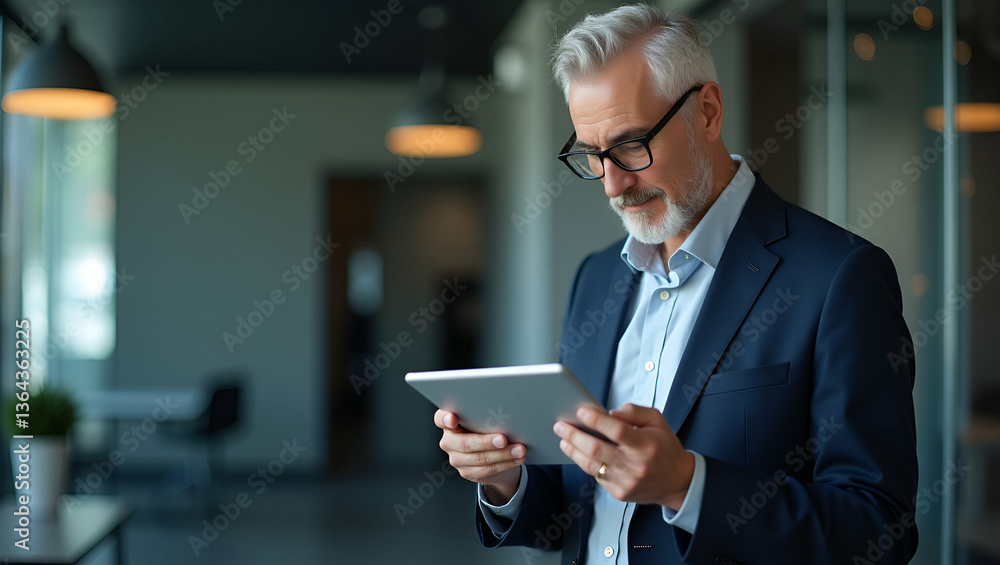 Flat Focused older executive wearing suit and glasses navigating digital tablet for finance project exemplifying forward thinking leadership. concept as Standing in modern office confident posture con Flat Focused older executive wearing suit and glasses navigating digital tablet for finance project exemplifying forward thinking leadership. concept as Standing in modern office confident posture con