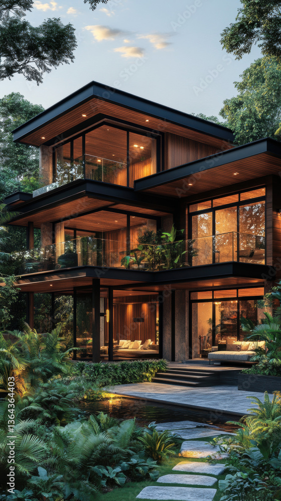 Fototapeta premium Traditional wooden house in a peaceful garden by the lake with a scenic view of nature and trees under a clear sky