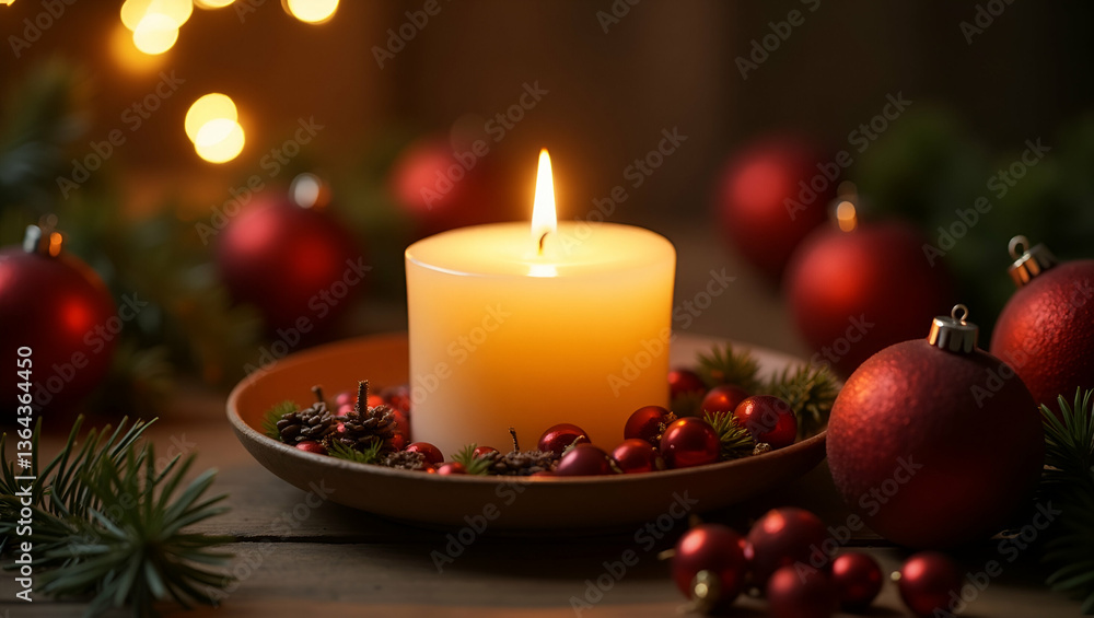 Elegant Candle Surrounded by Festive Holiday Decorations: Creating a Warm and Inviting Atmosphere with Graceful Placement and Cozy Ambiance in Stock Photo Concept Elegant Candle Surrounded by Festive Holiday Decorations: Creating a Warm and Inviting Atmosphere with Graceful Placement and Cozy Ambiance in Stock Photo Concept