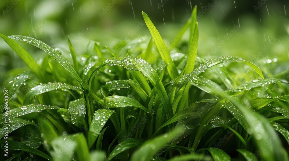 Obraz premium Green grass blades are covered in rain drops during a gentle shower. It conveys freshness, renewal, and nature's beauty.