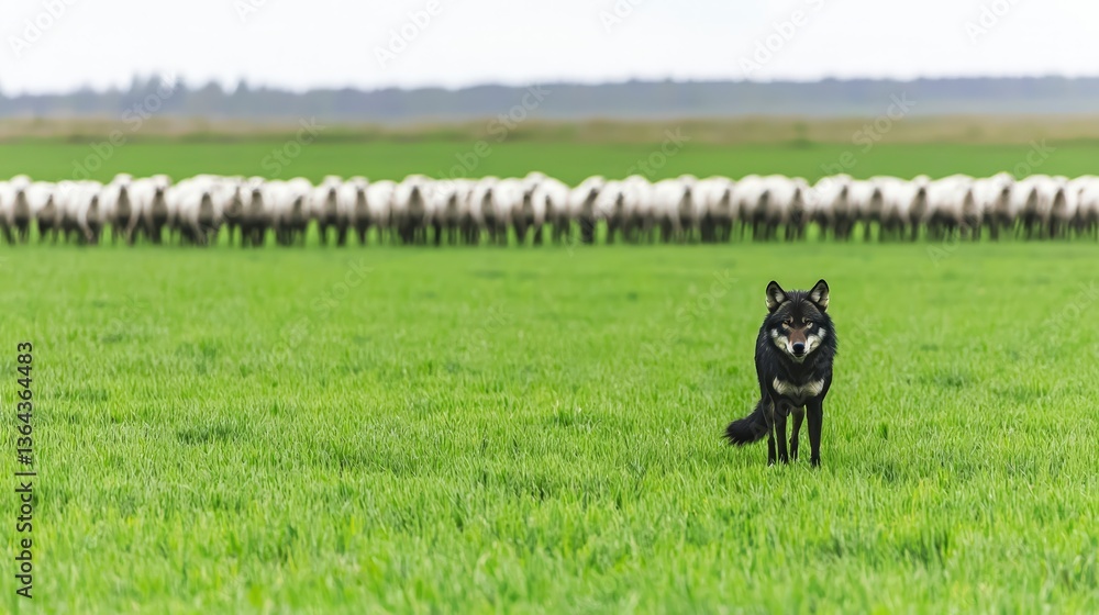 Fototapeta premium Lone Wolf in Green Pasture Sheep Flock Background Wildlife Photography