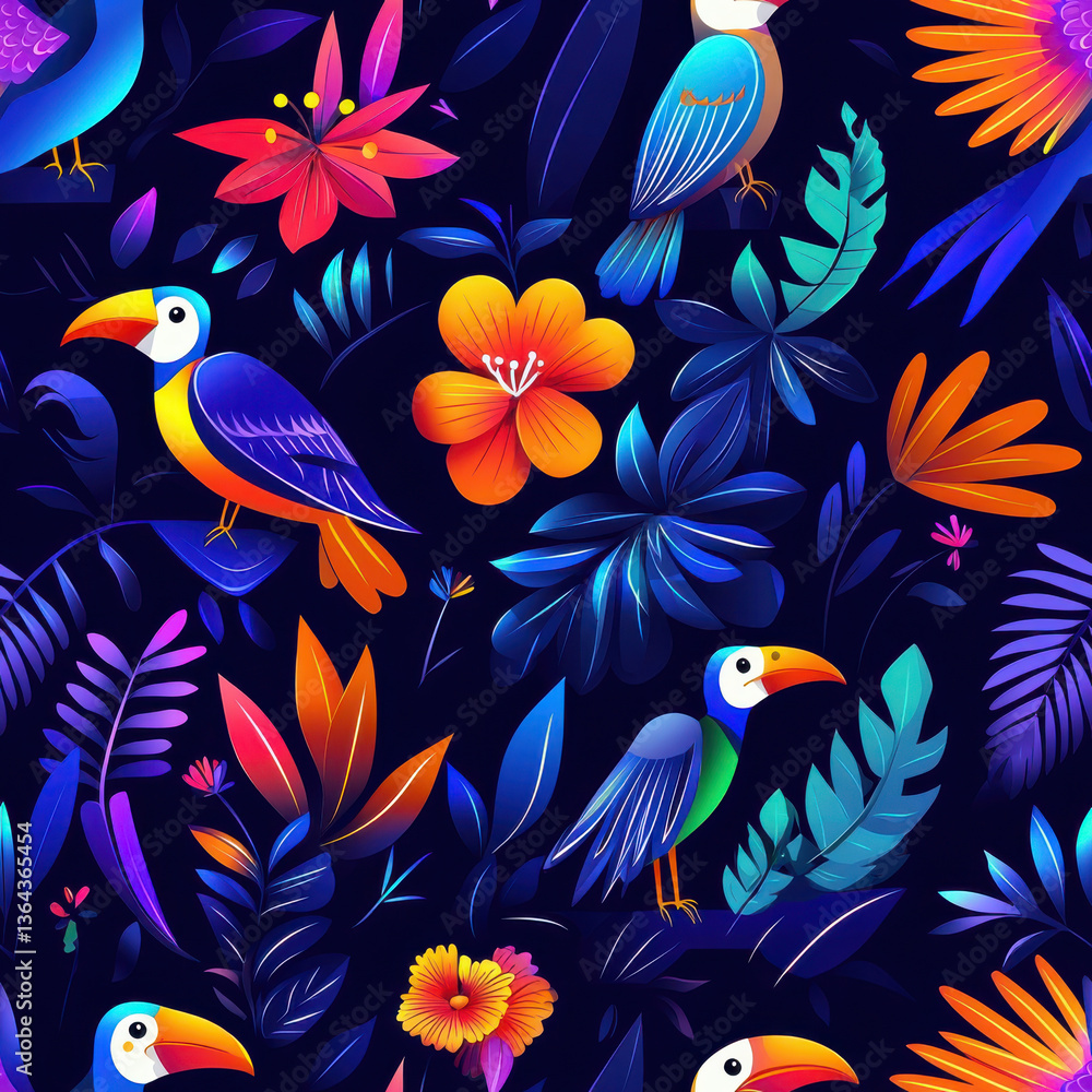 Fototapeta premium Tropical birds and flowers in vibrant seamless pattern, Summer Textile Seamless Pattern Background