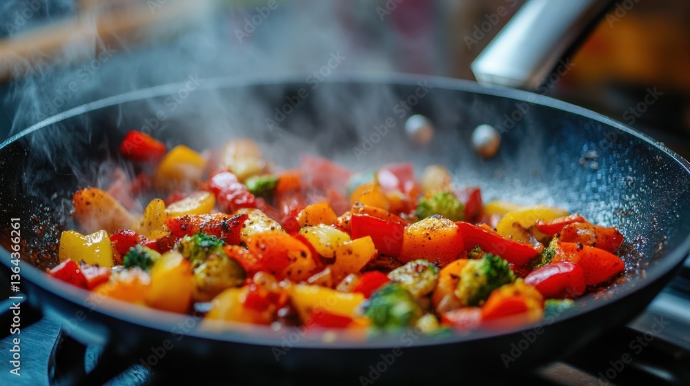Macro shot of colorful vegetables sizzling in a pan, promoting healthy eating Macro shot of colorful vegetables sizzling in a pan, promoting healthy eating