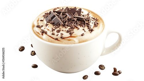 A cup of coffee with chocolate shavings on top and coffee beans near