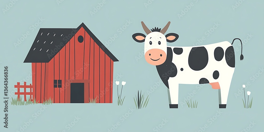 Naklejka premium A cartoon illustration featuring a cow near a red barn building