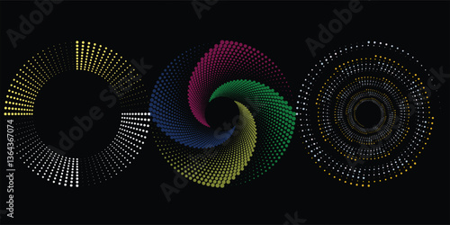 Modern abstract background. Halftone dots in circle form. Round logo. Vector dotted frame. Design element or icon. Black shape on a white background and the same white shape on the black side.