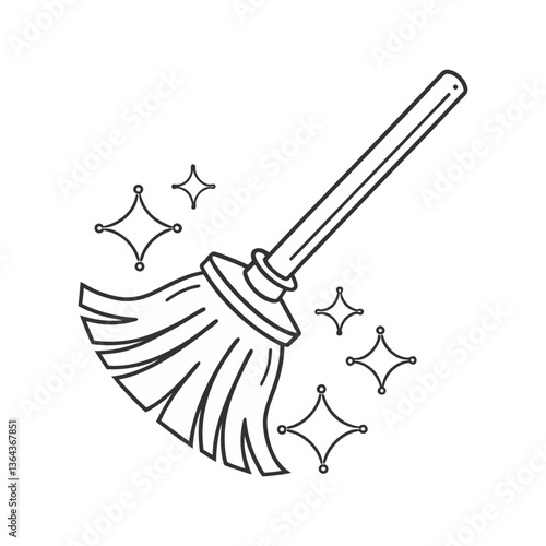 Simple broom vector with bold bristles and sparkles, illustrated in a clean outlined style for magical, fantasy, or Halloween-themed designs.