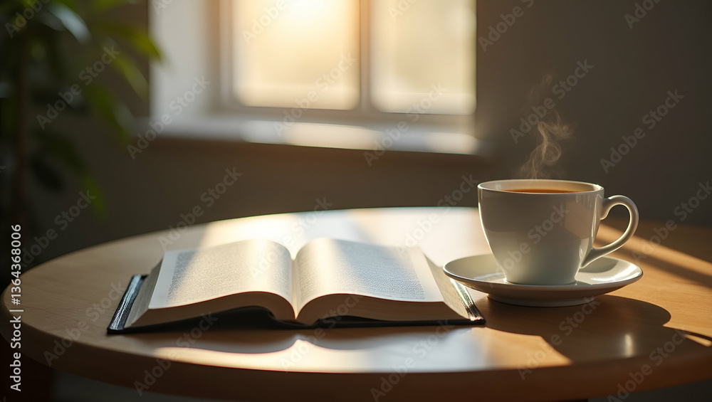 Obraz premium Morning Devotion: Serene Flat Illustration of Open Bible and Coffee on Wooden Table