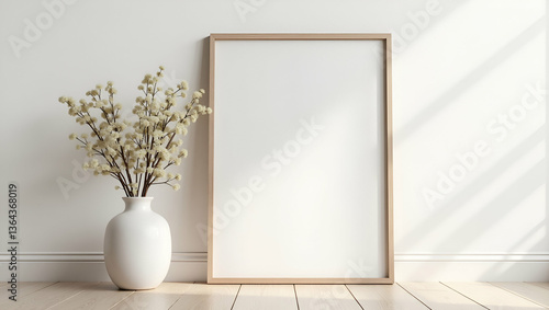 Elegant Minimalist Home Decor: Picture Frame on Floor with Flower Vase - Perfect Photo Stock Concept for Stylish Interior Design Inspiration