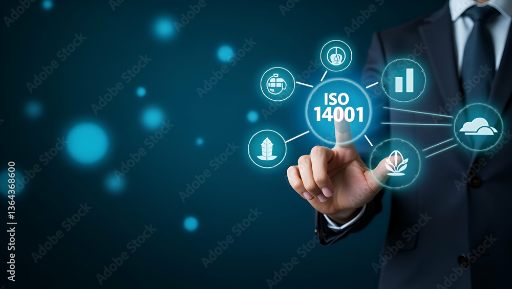Hand Interacting with Holographic ISO 14001 Certification Interface: Showcasing Environmental Management and Sustainability Icons in a Minimalist Photo Stock Concept Hand Interacting with Holographic ISO 14001 Certification Interface: Showcasing Environmental Management and Sustainability Icons in a Minimalist Photo Stock Concept