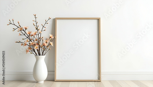 A picture frame on the floor with a flower vase creating a minimalist and elegant home decor arrangement concept as Picture frame placed on the floor alongside a flower vase creating a minimalist and 