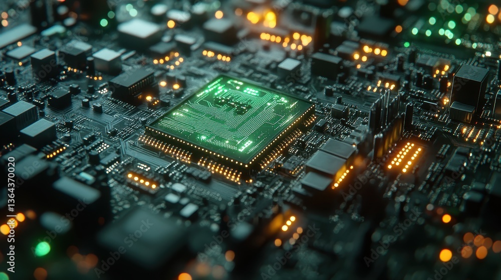 Fototapeta premium Close-up of a complex computer circuit board with a glowing, green processor. Ideal for illustrating technology, artificial intelligence, and computer science.