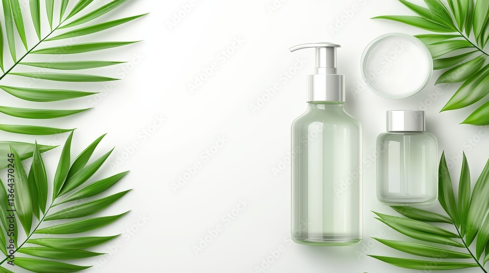 Realistic cosmetic bottle with green leaves on white background, illustration for natural beauty products Realistic cosmetic bottle with green leaves on white background, illustration for natural beauty products