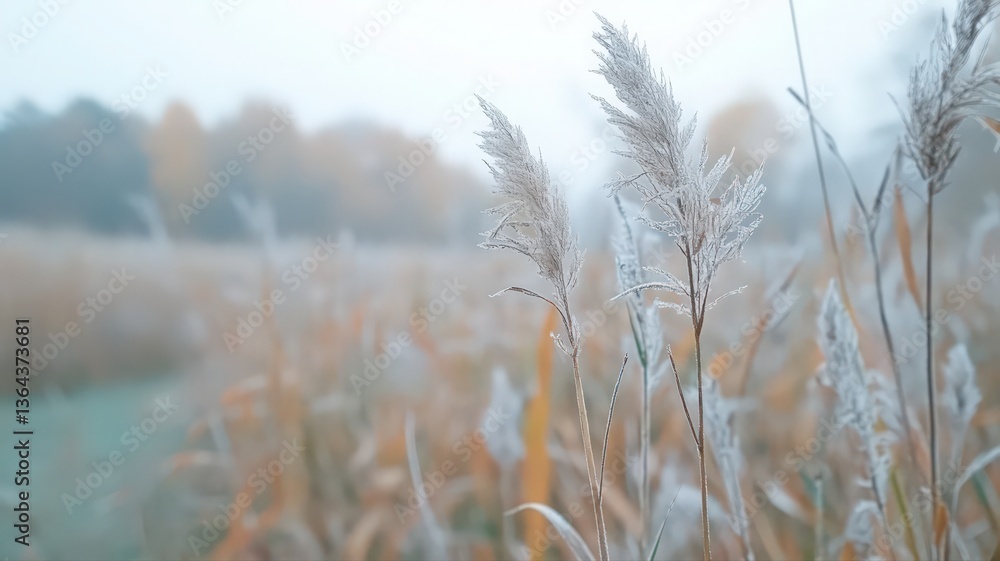 Fototapeta premium Frost Covered Plants in a Misty Autumn Field