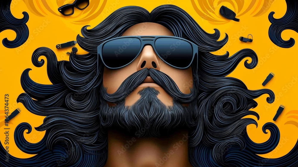 Fototapeta premium Stylish Man with Long Black Hair and Mustache Wearing Sunglasses