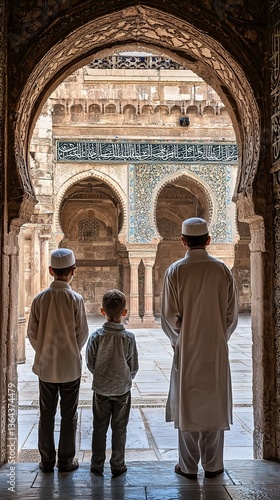 Three people standing looking at a courtyard inside an archway