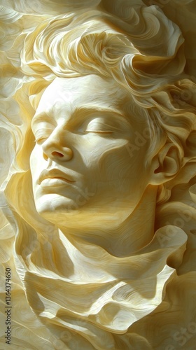 Sculpture of a face with closed eyes and wavy hair in a creamy-white hue