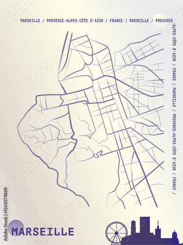 Marseille map, detailed atlas poster with roads, landmarks plan. Vector France city scheme layout, vertical graphic design for flyer, leaflet, print, cover