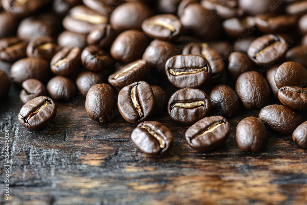 Close-up of roasted coffee beans on a wooden background with a rich brown texture and aroma Close-up of roasted coffee beans on a wooden background with a rich brown texture and aroma
