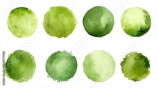 Eight green watercolor circles are isolated. Use them as design elements for your creativity.
