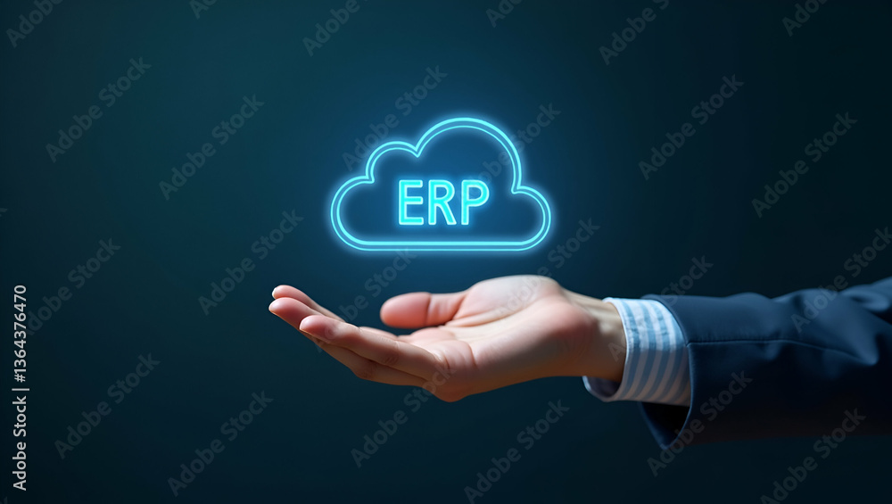 Flat Hand Holding Holographic Icon Illustrating ERP Integration Scalability in Cloud Setup Flat Hand Holding Holographic Icon Illustrating ERP Integration Scalability in Cloud Setup