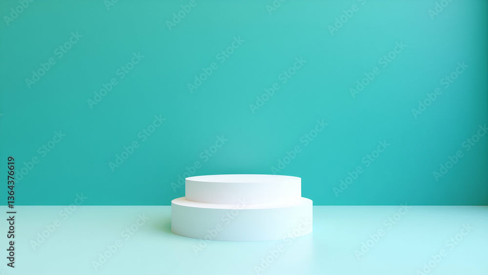 Stylish White Cylindrical Podium with Two Levels for Product Display Against a Blue Green Wall - Perfect for Photo Stock Concepts with Empty Space for Customization Stylish White Cylindrical Podium with Two Levels for Product Display Against a Blue Green Wall - Perfect for Photo Stock Concepts with Empty Space for Customization