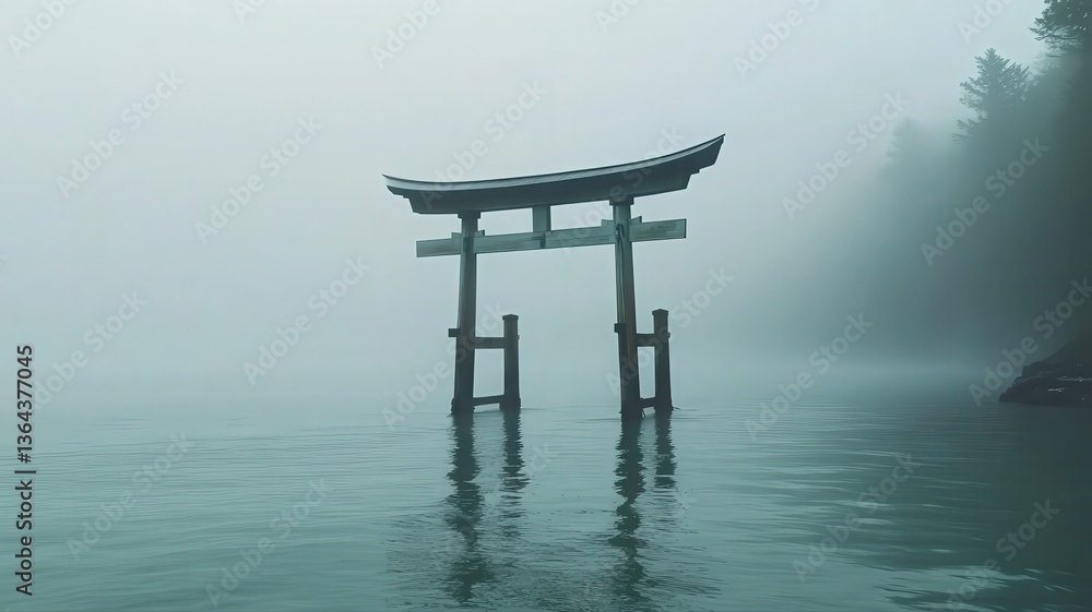 Serene Mist Shrouds Traditional Torii Gate in Calm Water Serene Mist Shrouds Traditional Torii Gate in Calm Water