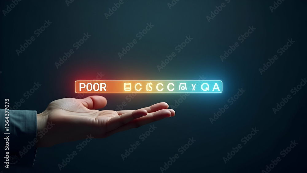 Enhance Your Business Quality: Flat Hand Adjusting Holographic Quality Level Slider from Poor to Excellent with QC & QA Symbols - A Cute Vector Illustration for Standardization in Business Practices Enhance Your Business Quality: Flat Hand Adjusting Holographic Quality Level Slider from Poor to Excellent with QC & QA Symbols - A Cute Vector Illustration for Standardization in Business Practices