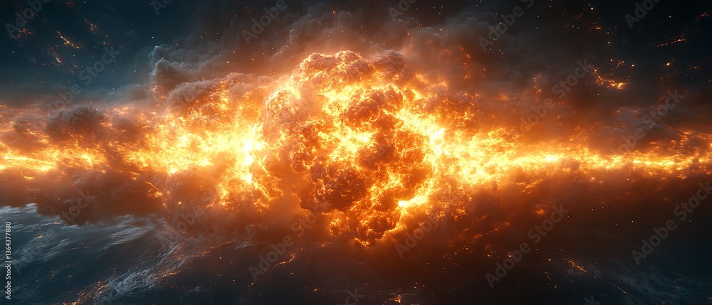 Naklejka premium Fiery explosion of energy bursting through dense atmospheric clouds