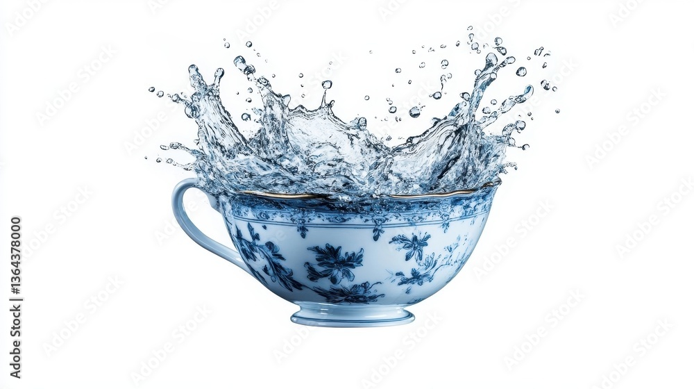 A teacup overflowing with water creating a dramatic splash A teacup overflowing with water creating a dramatic splash
