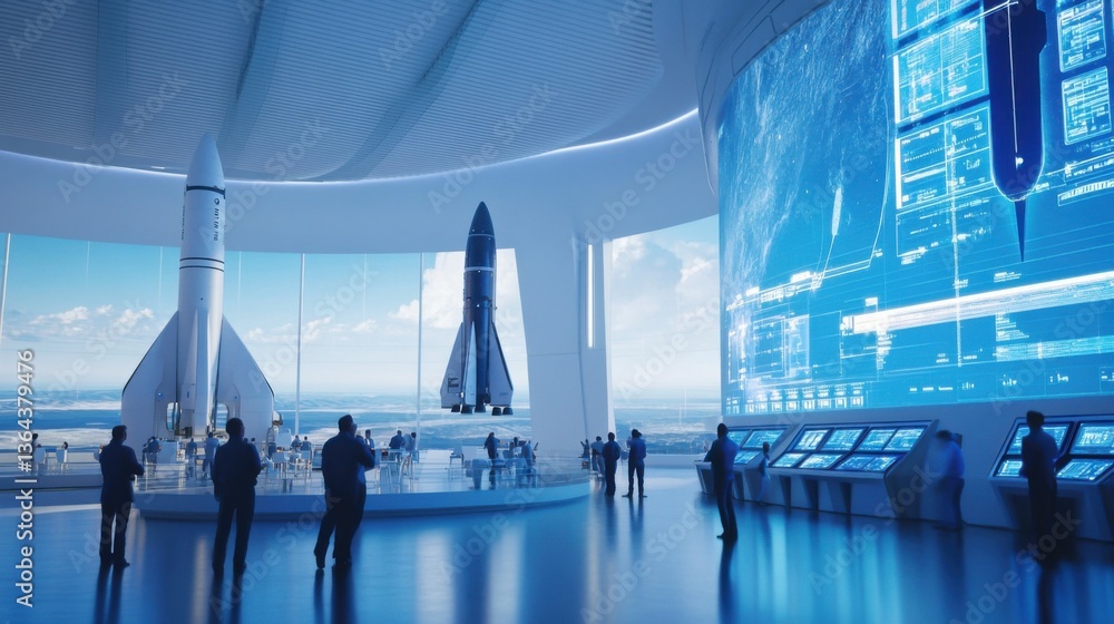 A futuristic spaceport with engineers preparing a reusable rocket for launch, advanced aerospace facility with massive control screens, High-tech style