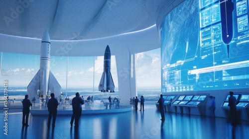 Obraz na płótnie A futuristic spaceport with engineers preparing a reusable rocket for launch, advanced aerospace facility with massive control screens, High-tech style w salonie