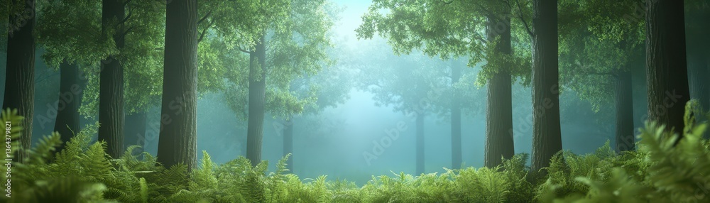 Obraz premium Tranquil forest path, discover the serenity of nature's verdant canopy