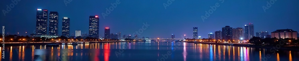 Obraz premium Cityscape of Ho Chi Minh City, Vietnam at night with illuminated skyscrapers reflecting in the Saigon River, cityscape, illuminated