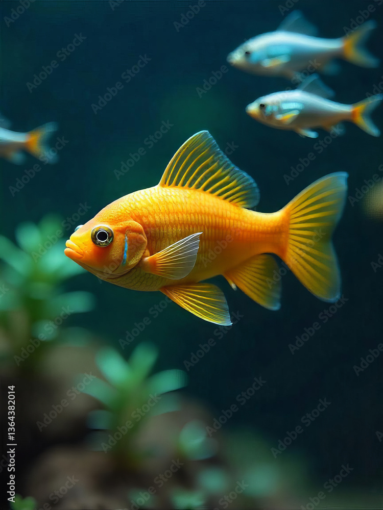 A vibrant orange goldfish with flowing fins, swimming gracefully among a school of smaller silver fish in a lush, green aquatic environment A vibrant orange goldfish with flowing fins, swimming gracefully among a school of smaller silver fish in a lush, green aquatic environment
