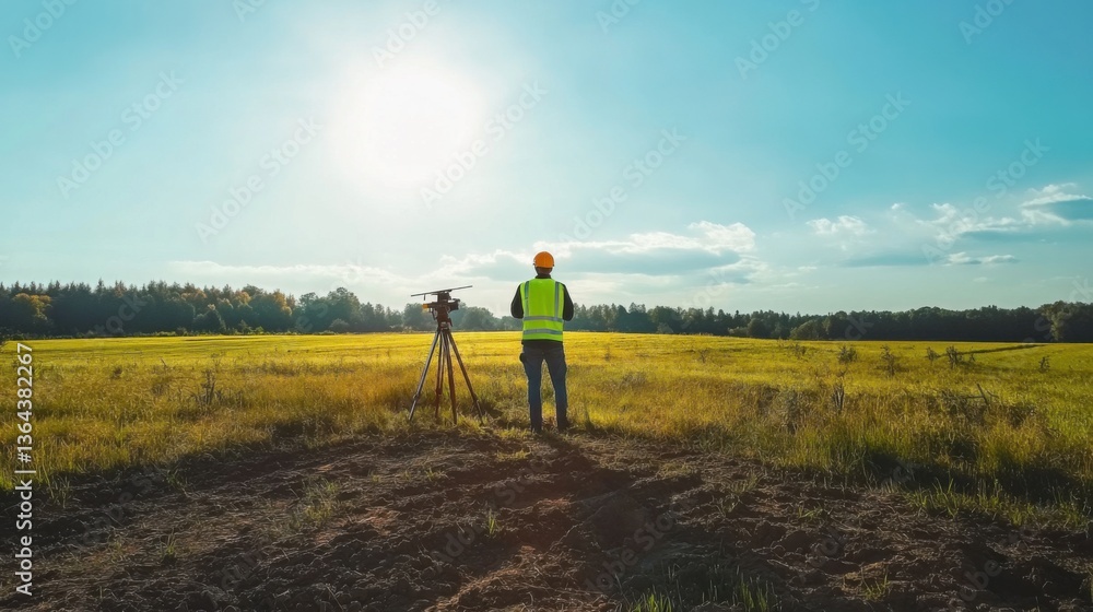 A laser scanning technician performing land survey, open field with laser measurement equipment and 3D mapping data, High-tech style A laser scanning technician performing land survey, open field with laser measurement equipment and 3D mapping data, High-tech style