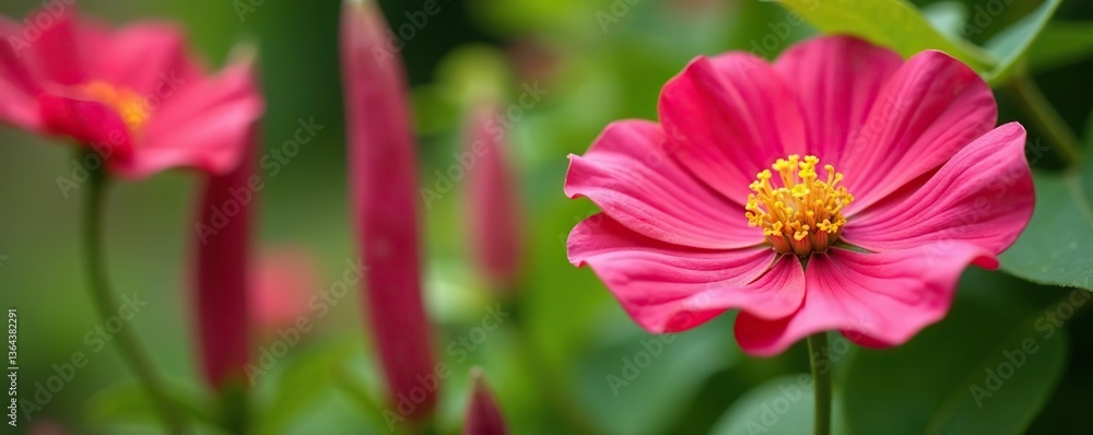 Close up shot of vibrant long bean flowers blooming in a garden, showcasing their delicate petals and intricate details,  leaves,  petals