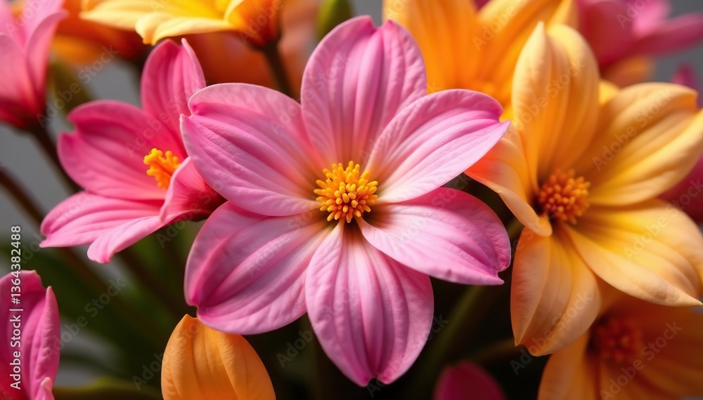 Close-up shot of vibrant pink and yellow flower bouquet, floral, vivid Close-up shot of vibrant pink and yellow flower bouquet, floral, vivid