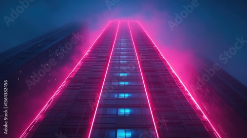 Wallpaper Mural ## Neon Ascent Modern building with pink neon lights at night under foggy skies. Great for future themed projects, or adding a techy atmosphere. Torontodigital.ca