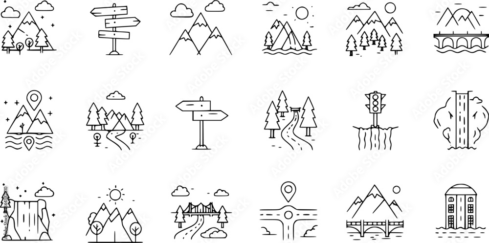 vector illustrations line road and highway, traffic and driving icons set
vector illustrations line road and highway, traffic and driving icons set